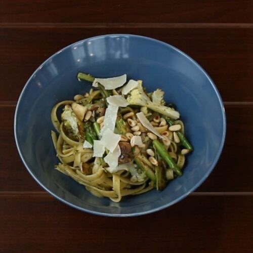 Charred Asparagus and Cauliflower Fettuccini with Asparagus Pesto