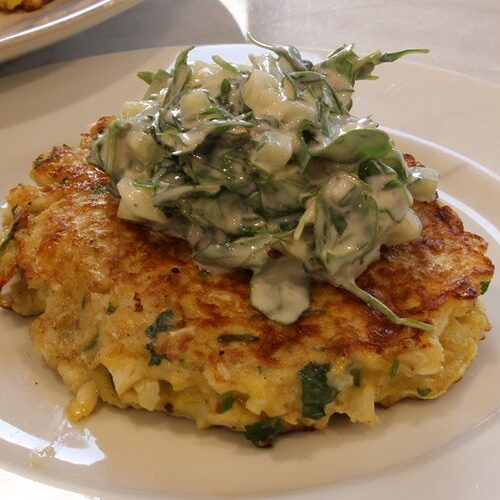 Cauliflower Pancakes with Green Yogurt Salad